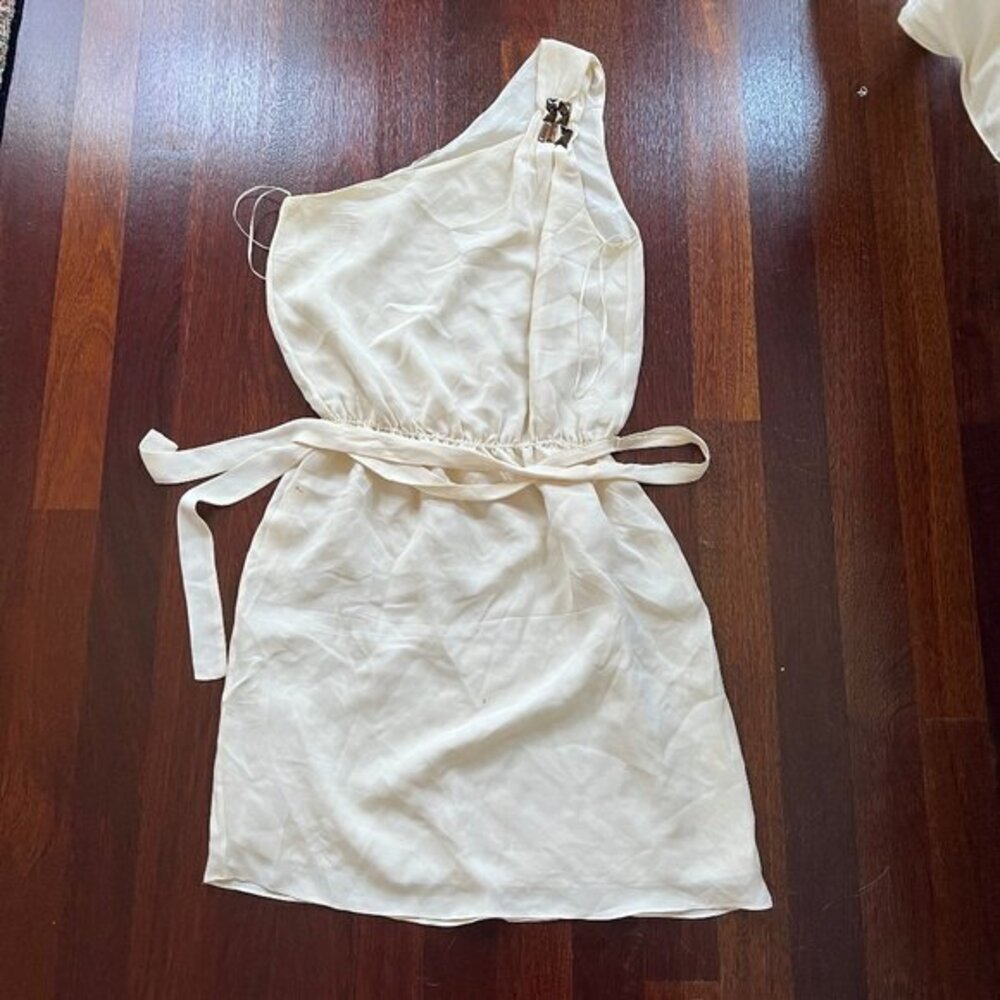 Elijah White Ivory Silk One Shoulder Asymmetrical Dress with Embellished Detail